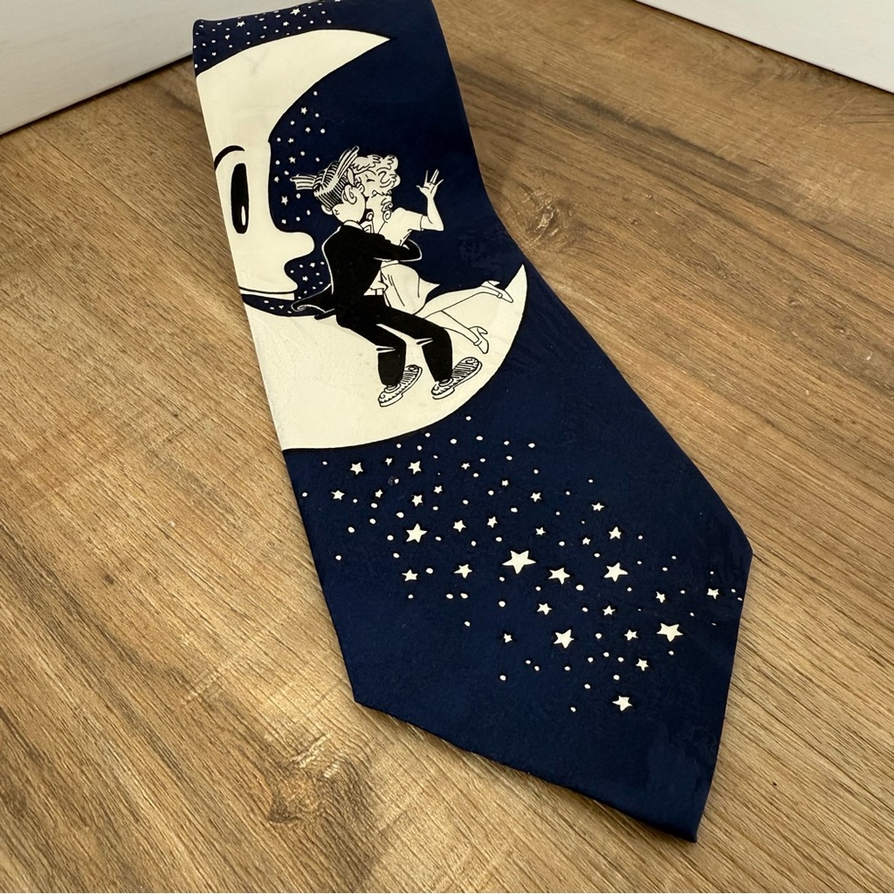 Vintage Blondie Dagwood 100% Silk Tie Romantic Crescent Moon Blue Celestial 1993
